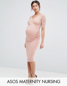 Кружевное облегающее платье миди с запахом ASOS Maternity NURSING - Розовый