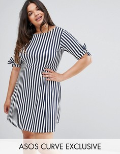 Короткое приталенное платье в полоску с бантами на рукавах ASOS CURVE - Мульти