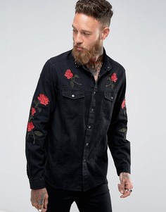 Свободная джинсовая рубашка с цветочной вышивкой и заклепками ASOS - Синий