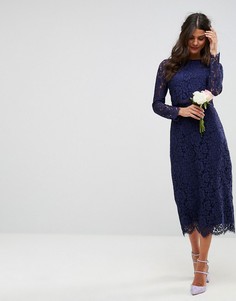 Кружевное платье-футляр миди с длинными рукавами ASOS WEDDING - Темно-синий