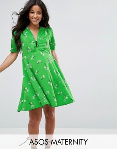 Чайное платье с короткими рукавами, цветочным принтом и молнией ASOS Maternity - Зеленый