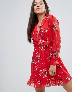 Платье с длинным рукавом, запахом и оборками Boohoo - Мульти