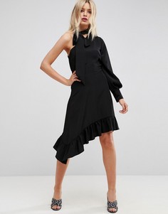 Чайное платье миди с одним рукавом и завязкой на шее ASOS - Черный