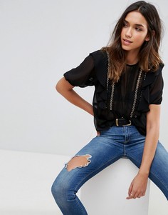 Блузка с рюшами, люверсами и кружевной вставкой ASOS - Черный