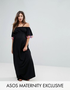 Летнее платье с открытыми плечами и кисточками ASOS Maternity - Черный