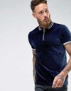 Футболка-поло с горловиной на молнии и окантовкой ASOS - Темно-синий