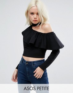 Топ с открытым плечом, чокером и оборкой ASOS PETITE - Черный