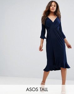 Платье миди с запахом и оборкой ASOS TALL - Темно-синий
