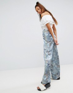 Синие брюки-палаццо с цветочным принтом и окантовкой ASOS - Мульти