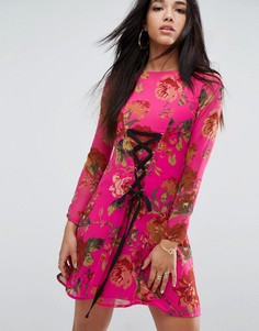 Чайное платье макси с цветочным принтом и шнуровкой ASOS Pretty - Мульти