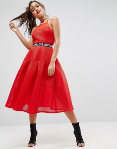 Сетчатое платье миди для выпускного с лентой и принтом на поясе ASOS - Красный