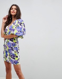 Платье мини в полоску с цветочным принтом и пышными рукавами ASOS - Мульти