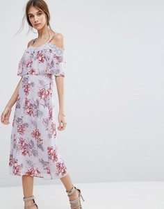Платье миди с вырезами на плечах и кружевной отделкой New Look - Фиолетовый