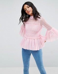 Свободный топ со сборками и высоким воротом ASOS - Розовый