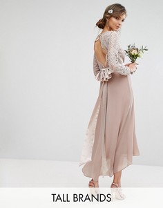 Кружевное платье миди с бантом на спине TFNC Tall Wedding - Розовый