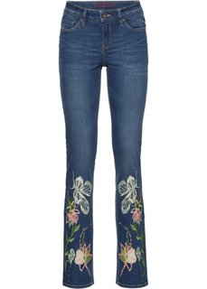 Джинсы Slim Fit с вышивками по краям брючин (синий) Bonprix