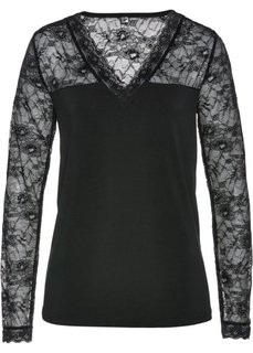 Футболка с кружевной отделкой (черный) Bonprix