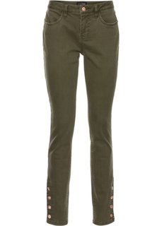 Брюки-стретч с декоративными пуговицами и длиной по щиколотку (темно-оливковый «потертый») Bonprix