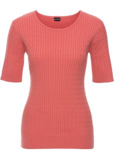 Пуловер с узором в косичку и коротким рукавом (ревень) Bonprix