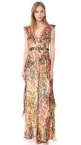 Badgley Mischka Collection V Neck Ruffle Printed Gown