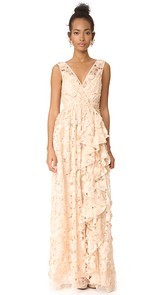 Badgley Mischka Collection Cutout Organza Ruffle V Neck Gown