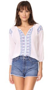 SUNDRY Split Neck Top with Embroidery