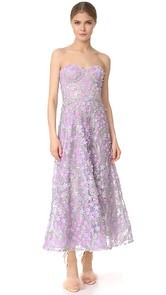 Marchesa Notte Embroidered Strapless Tea Length Gown