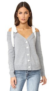 ENGLISH FACTORY Off Shoulder Knit Cardigan With Tie