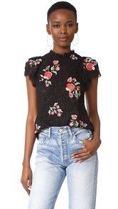 Rebecca Taylor Short Sleeve Lace Top with Embroidery