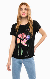 Черная футболка из вискозы с контрастным принтом Desigual