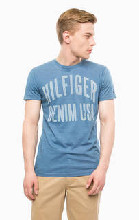 Синяя хлопковая футболка с принтом Hilfiger Denim