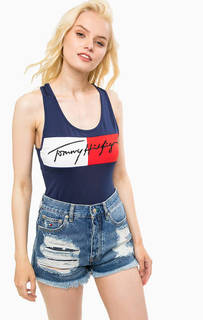 Синий топ-боди с логотипом бренда Hilfiger Denim