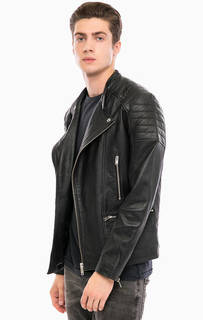 Черная кожаная куртка с косой молнией Selected