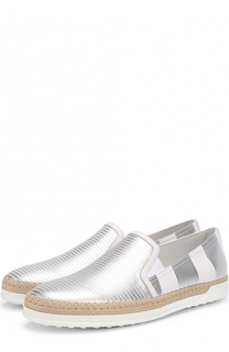 Слипоны из металлизированной кожи с джутовым рантом Tod’s Tods