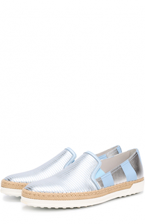 Слипоны из металлизировнной кожи с джутовым рантом Tod’s Tods