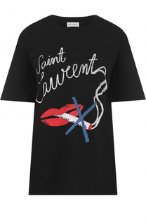 Хлопковая футболка свободного кроя с надписью Saint Laurent