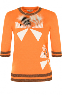 Шерстяной пуловер с укороченным рукавом и отделкой из меха лисы Fendi