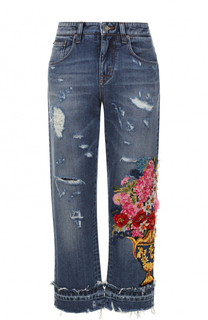 Укороченные джинсы с потертостями и декоративной отделкой Dolce &amp; Gabbana