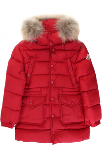 Стеганый пуховик на молнии с капюшоном и меховой отделкой Moncler Enfant