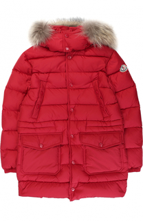 Стеганый пуховик на молнии с капюшоном и меховой отделкой Moncler Enfant