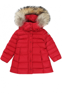 Пуховое пальто с капюшоном и меховой отделкой Moncler Enfant