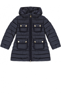 Пуховое пальто с капюшоном и накладными карманами Moncler Enfant