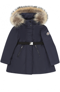 Пуховое пальто с капюшоном и меховой отделкой Moncler Enfant