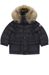 Стеганый пуховик на молнии с капюшоном и меховой отделкой Moncler Enfant