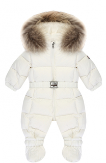 Пуховой комбинезон с капюшоном и меховой отделкой Moncler Enfant