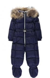 Пуховый комбинезон с капюшоном и меховой отделкой Moncler Enfant