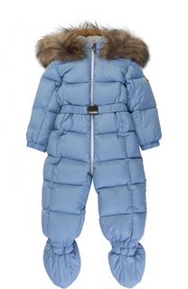 Пуховый комбинезон с капюшоном и меховой отделкой Moncler Enfant