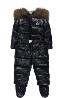 Пуховый комбинезон с капюшоном и меховой отделкой Moncler Enfant