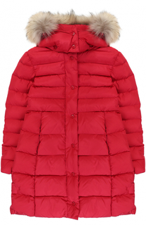 Пуховое пальто с капюшоном и меховой отделкой Moncler Enfant