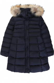 Пуховое пальто с капюшоном и меховой отделкой Moncler Enfant